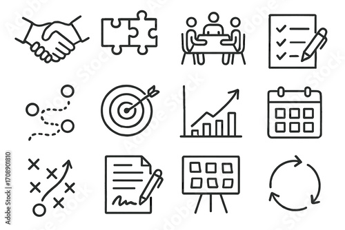 Business strategy linear icon set. featuring teamwork, puzzle, meeting, checklist, target, planning, graph, calendar