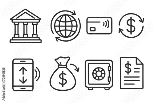 Financial and banking linear icons set. featuring bank, globe, card, dollar, mobile, money bag, safe, document