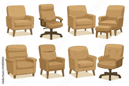 Furniture silhouette icons set. featuring armchair, office chair, and lounge chair symbols