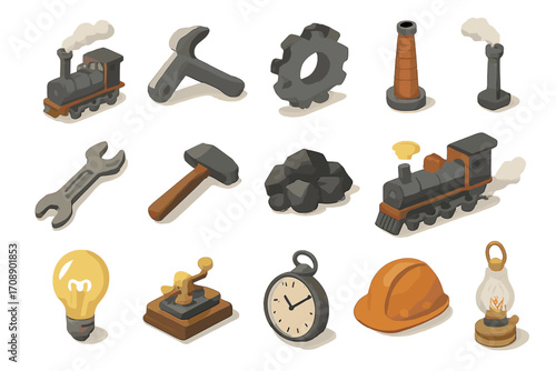 Industrial revolution flat icon set. featuring train, gear, factory, wrench, hammer, coal, and hardhat symbols