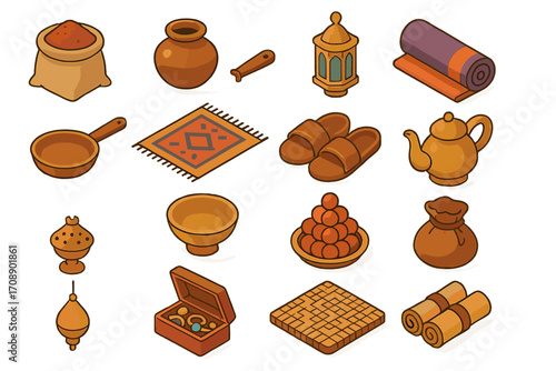 Middle eastern culture flat icon set. featuring spices, goblet, lantern, rug, slippers, teapot, incense, and more