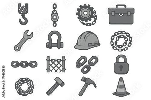 Construction tools silhouette icon set. featuring hook, pulley, gear, toolbox, wrench, and helmet symbols