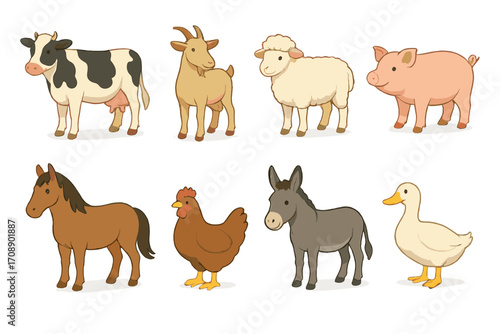 Farm animals silhouette icon set. featuring cow, goat, sheep, pig, horse, chicken, donkey, duck