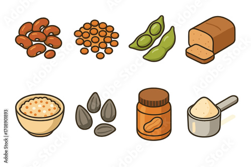 Food and nutrition flat icons set. featuring beans, lentils, edamame, bread, quinoa, seeds, peanut butter, protein powder