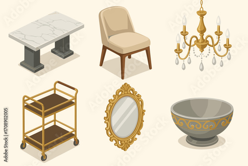 Home decor flat icon set. featuring table, chair, chandelier, cart, mirror, bowl symbols
