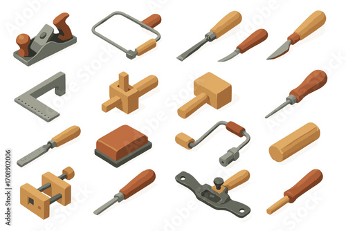 Woodworking flat icon set. featuring saw, chisel, plane, mallet, file, gauge, clamp, and carving knife tools