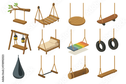 Playground flat icon set. featuring swing, slide, seesaw, sandbox, tire swing, bench, hammock, rope ladder