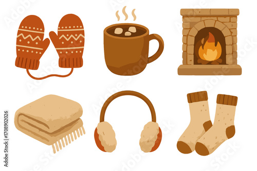 Winter essentials flat icon set. featuring mittens, hot chocolate, fireplace, blanket, earmuffs, and socks