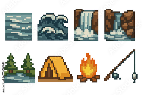 Nature adventure pixel art icon set. featuring ocean, waterfall, forest, camping, campfire, and fishing symbols