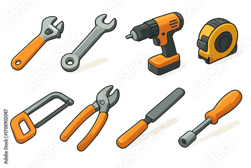 Construction tools flat icon set. featuring wrench, drill, tape measure, saw, pliers, file, and screwdriver