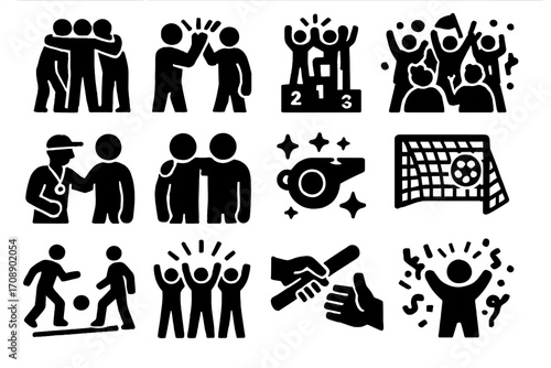 Teamwork silhouette icon set. featuring celebration, unity, coaching, cheering, victory, and collaboration symbols