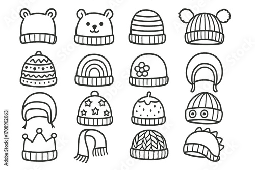 Winter hats linear icons set. featuring beanie, earmuff, pom-pom, striped, and knitted designs