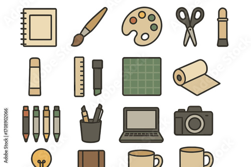Art supplies flat icon set. featuring notebook, paintbrush, palette, scissors, ruler, camera, and laptop