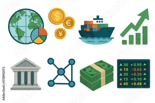 Finance and trade flat icon set. featuring earth, currency, ship, chart, bank, network, money, stock symbols
