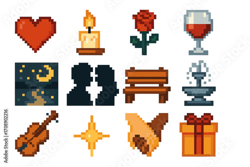 Romance pixel icon set. featuring heart, candle, rose, wine, moon, couple, bench, fountain, violin, star, hand, gift