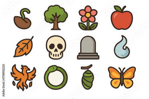 Nature and life cycle linear icon set. featuring seed, tree, flower, apple, leaf, skull, gravestone, flame, phoenix, snake, cocoon, butterfly symbols
