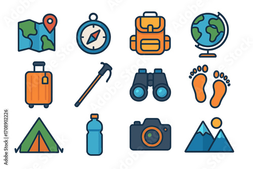 Travel adventure flat icon set. featuring map, compass, backpack, globe, suitcase, hiking stick, binoculars, footprints, tent, water bottle, camera, mountains