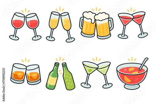 Party drinks flat icon set. featuring wine, champagne, beer, martini, whiskey, cocktail, and punch symbols