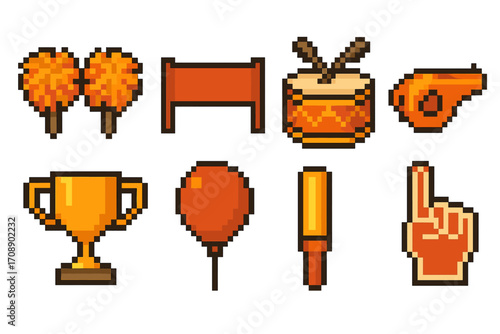 Cheerleader equipment pixel icon set. featuring pom-poms, megaphone, drum, whistle, trophy, balloon, baton, hand