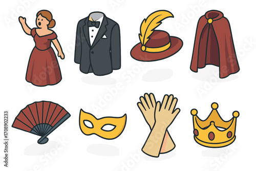 Theater costume flat icon set. featuring dress, tuxedo, hat, cape, fan, mask, gloves, and crown