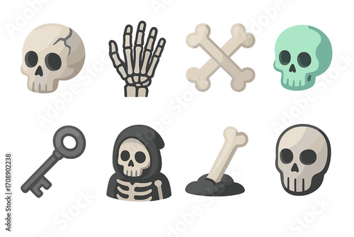 Halloween silhouette icon set. featuring skull, skeleton hand, crossbones, ghost, key, grim reaper, bone