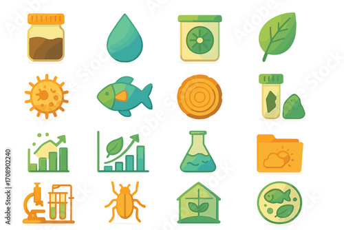 Science and nature flat icon set. featuring soil, water, leaf, bacteria, fish, petri dish, and seedling symbols