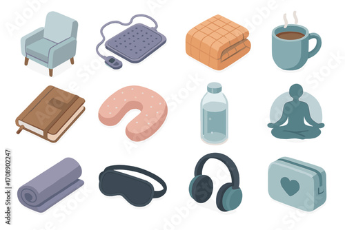 Relaxation and comfort flat icon set. featuring chair, heating pad, blanket, coffee, journal, neck pillow, water bottle, meditation, towel, eye mask, headphones, first aid