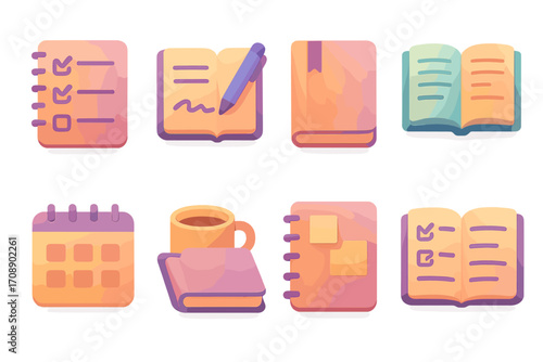 Notebook gradient icon set. featuring checklist, journal, diary, calendar, book, and coffee symbols