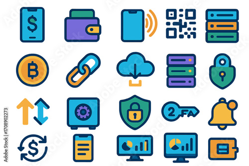 Finance and security flat icon set. featuring wallet, mobile payment, qr code, bitcoin, cloud, and lock symbols