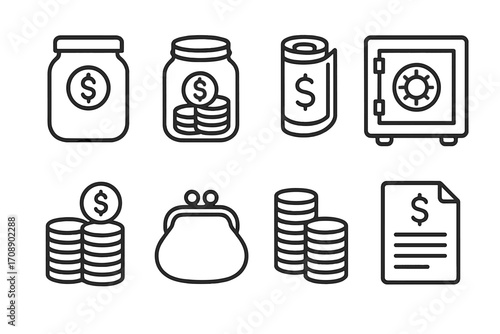 Finance linear icon set. featuring jar of coins, scroll, safe, stack of coins, wallet, document