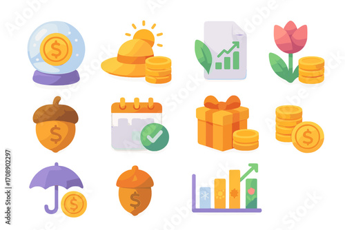 Finance flat icon set. featuring savings, investment, growth, calendar, gift, and umbrella symbols