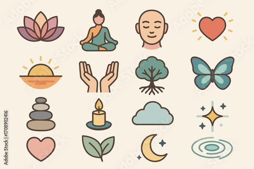 Mindfulness and wellness flat icon set. featuring lotus, meditation, heart, sunset, prayer, tree, butterfly