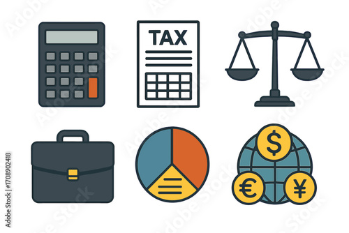 Finance flat icon set. featuring calculator, tax, scales, briefcase, chart, and currency symbols