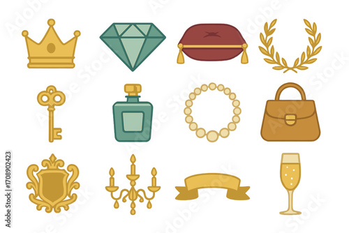 Luxury elements flat icon set. featuring crown, diamond, purse, laurel, key, perfume, necklace, bag, and champagne