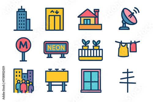 Urban elements flat icon set. featuring buildings, elevator, house, satellite, metro, window, billboard, balcony