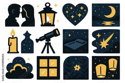 Nighttime silhouette icon set. featuring couple, lantern, stars, moon, candle, telescope, and lanterns