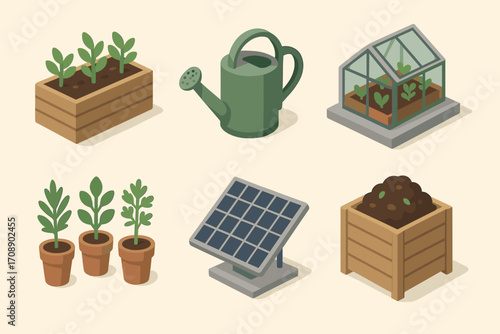 Gardening tools and plants flat icons set. featuring greenhouse, seedlings, watering can, solar panel, compost