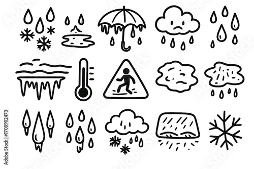 Weather conditions silhouette icon set. featuring cloud, rain, snowflake, umbrella, puddle, sleet, thermometer symbols
