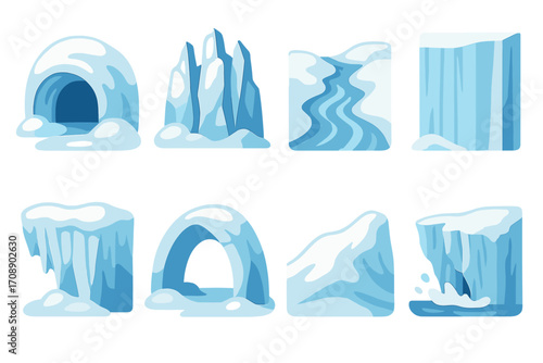 Nature landscape flat icon set. featuring cave, glacier, stream, waterfall, ice cliff, arch, mountain, icefall