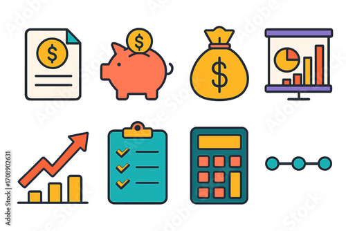 Finance management flat icon set. featuring budget, piggy bank, money bag, chart, savings, checklist, calculator, progression