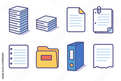 Office documents linear icon set. featuring copy, folders, binder, notes, paperclip, and file symbols