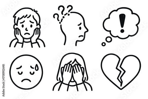Emotional expressions linear icon set. featuring worried, confused, surprise, sad, ashamed, and heartbreak symbols