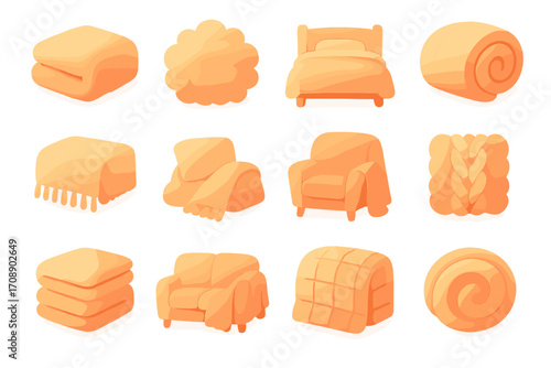 Home comforts flat icons set. featuring blanket, cloud, bed, pillow, chair, cushion, sofa, braid