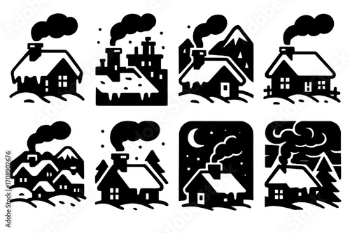 Winter village silhouette icons set. featuring cabins, factories, mountains, snow, night sky, and smoke