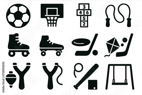 Outdoor games silhouette icon set. featuring soccer, basketball, hopscotch, jump rope, roller skate, hockey