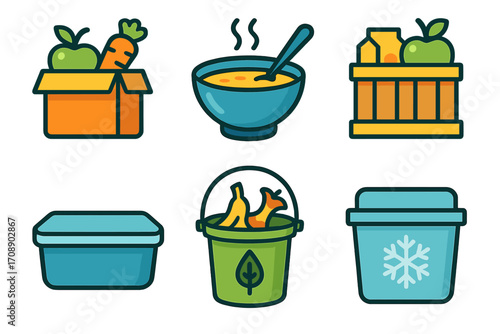 Food storage flat icon set. featuring box, soup, crate, container, compost, freezer symbols
