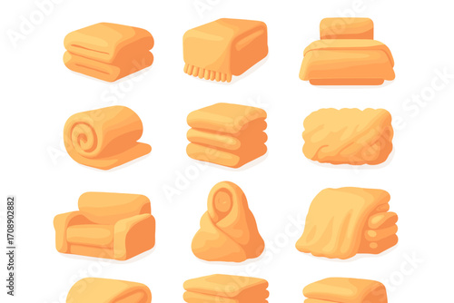 Home comforts flat icon set. featuring blanket, bed, towel, pillow, couch, and bedding symbols