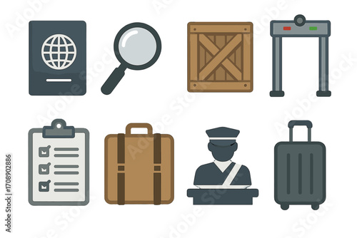 Travel and customs flat icons set. featuring passport, magnifying glass, cargo, metal detector, checklist, luggage, officer.