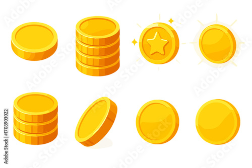 Game currency flat icon set. featuring coins, stack, star coin, circle token symbols