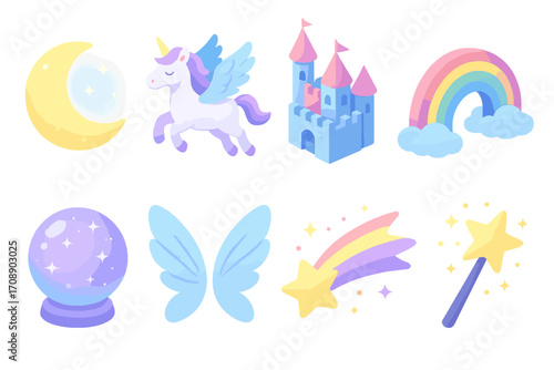 Fantasy magic flat icon set. featuring unicorn, rainbow, castle, moon, crystal ball, wand, butterfly, shooting star